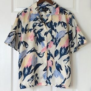 David Matthew 90's Vintage Abstract Floral Short Sleeve Button Down Top Cream MP